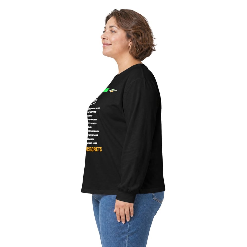 The Disclosure Timeline Long Sleeve Tee, person left view (Printify product mockup)