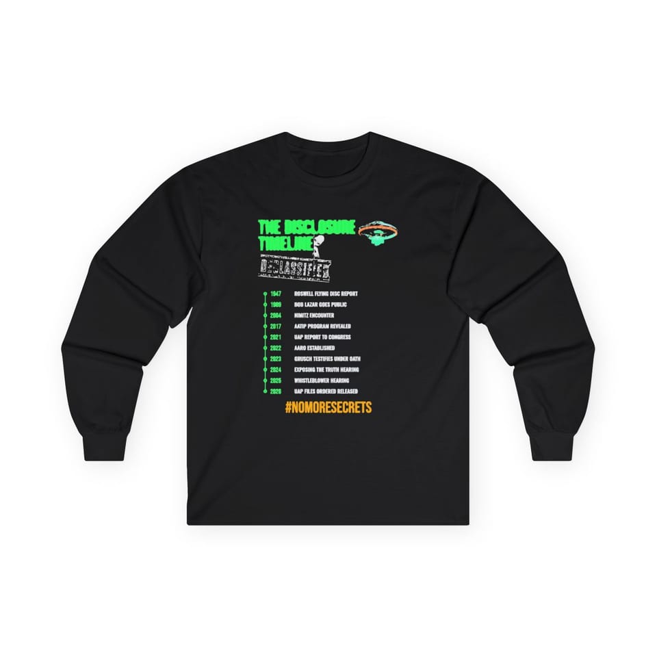 The Disclosure Timeline Long Sleeve Tee, front view (Printify product mockup)