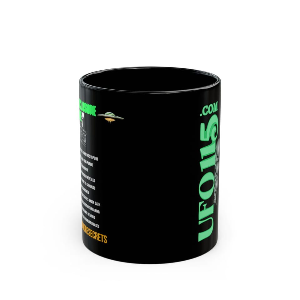 The Disclosure Timeline Mug, front view (Printify product mockup)