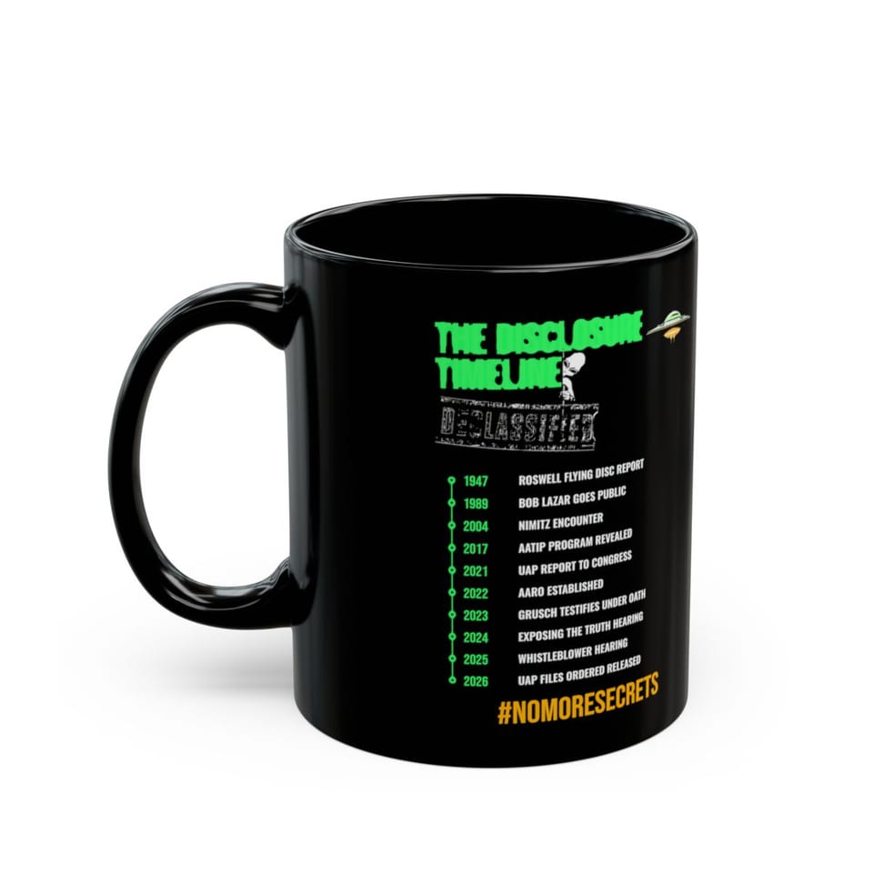 The Disclosure Timeline Mug, left view (Printify product mockup)