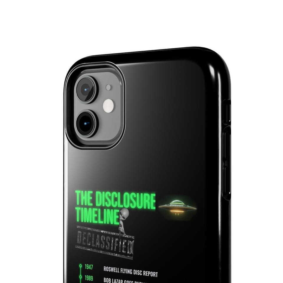 The Disclosure Timeline Phone Case, close up view (Printify product mockup)