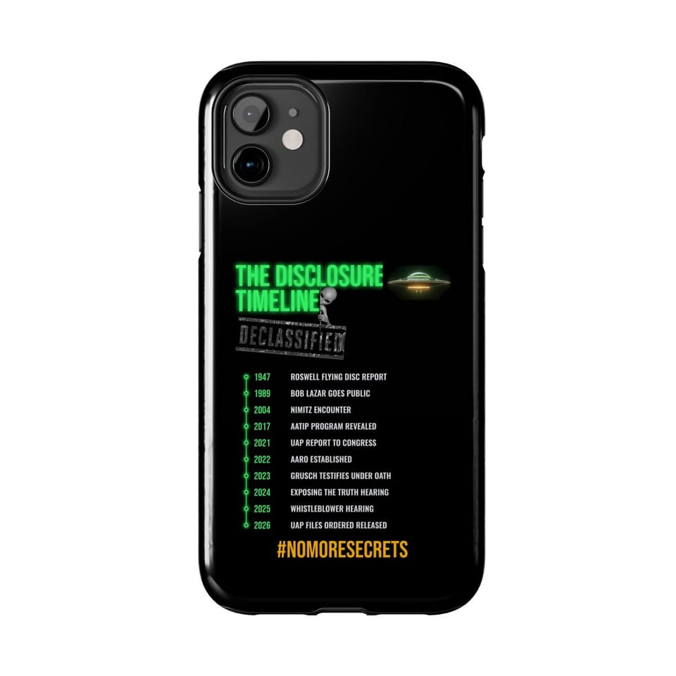 The Disclosure Timeline Phone Case, front view (Printify product mockup)