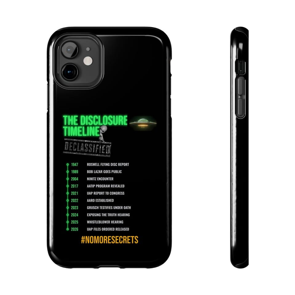 The Disclosure Timeline Phone Case, front and-side view (Printify product mockup)