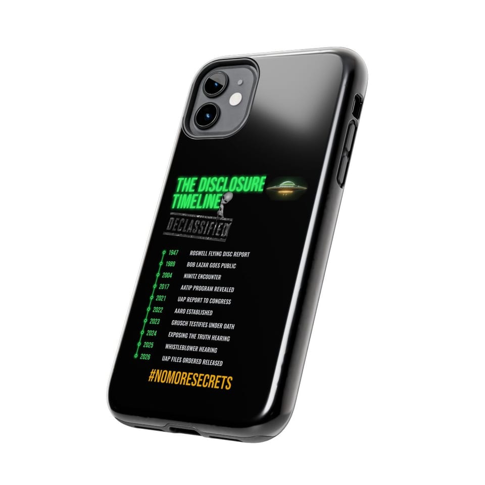 The Disclosure Timeline Phone Case, side view (Printify product mockup)