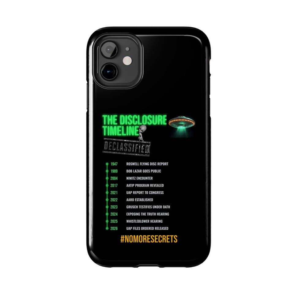 The Disclosure Timeline Phone Case, front view (Printify product mockup)