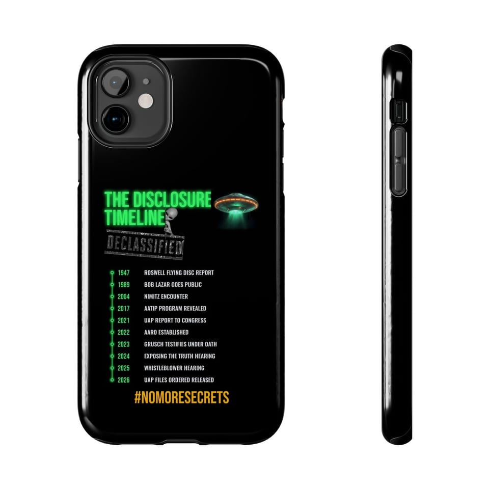 The Disclosure Timeline Phone Case, front and-side view (Printify product mockup)