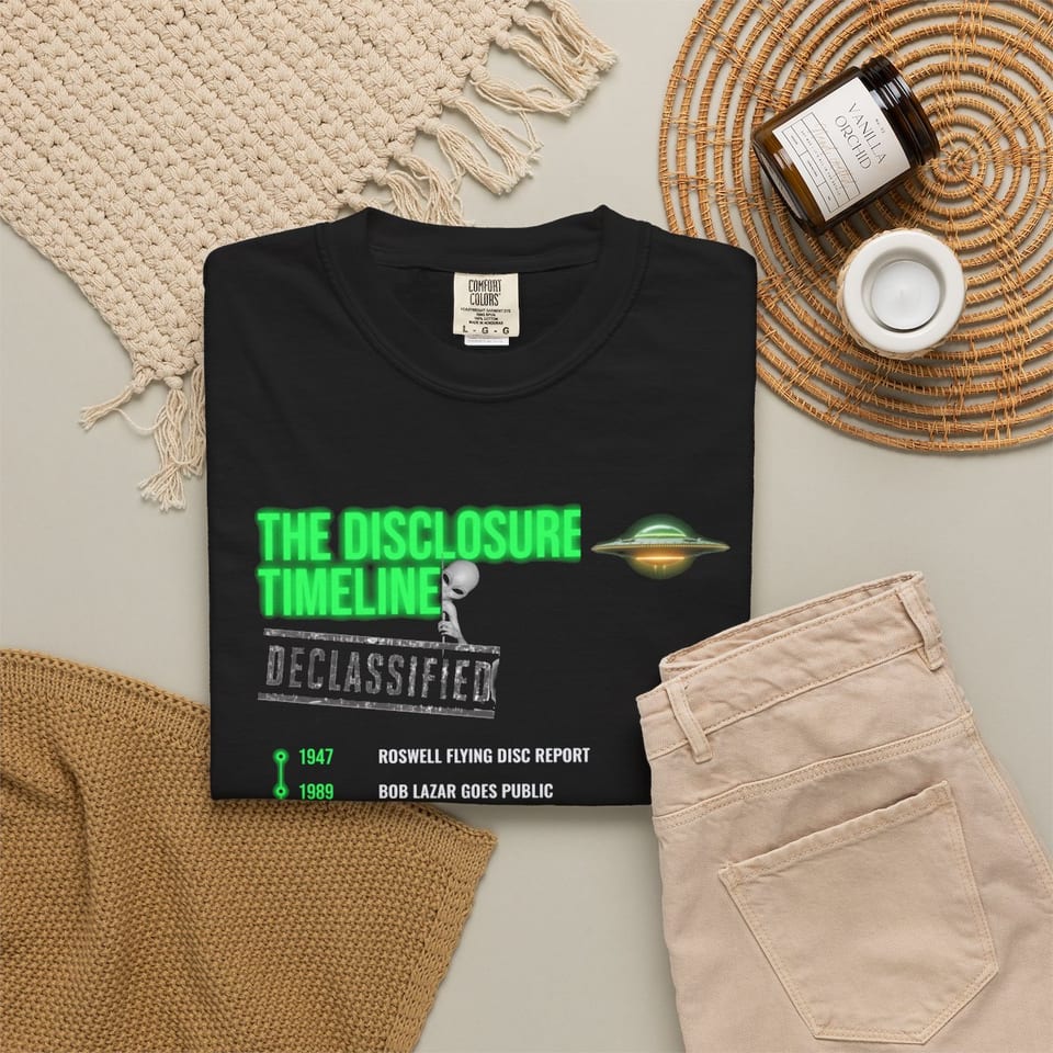 The Disclosure Timeline Tee, folded 2 view (Printify product mockup)