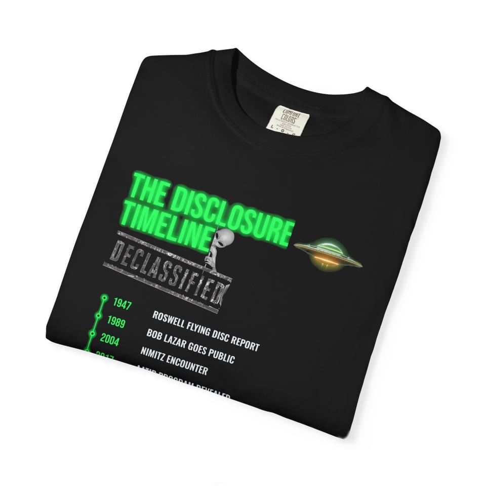 The Disclosure Timeline Tee, folded view (Printify product mockup)