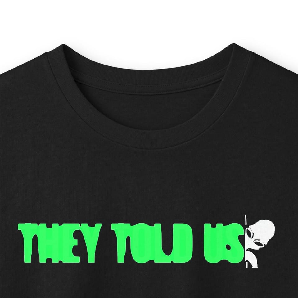They Told Us Long Sleeve Tee, collar closeup view (Printify product mockup)