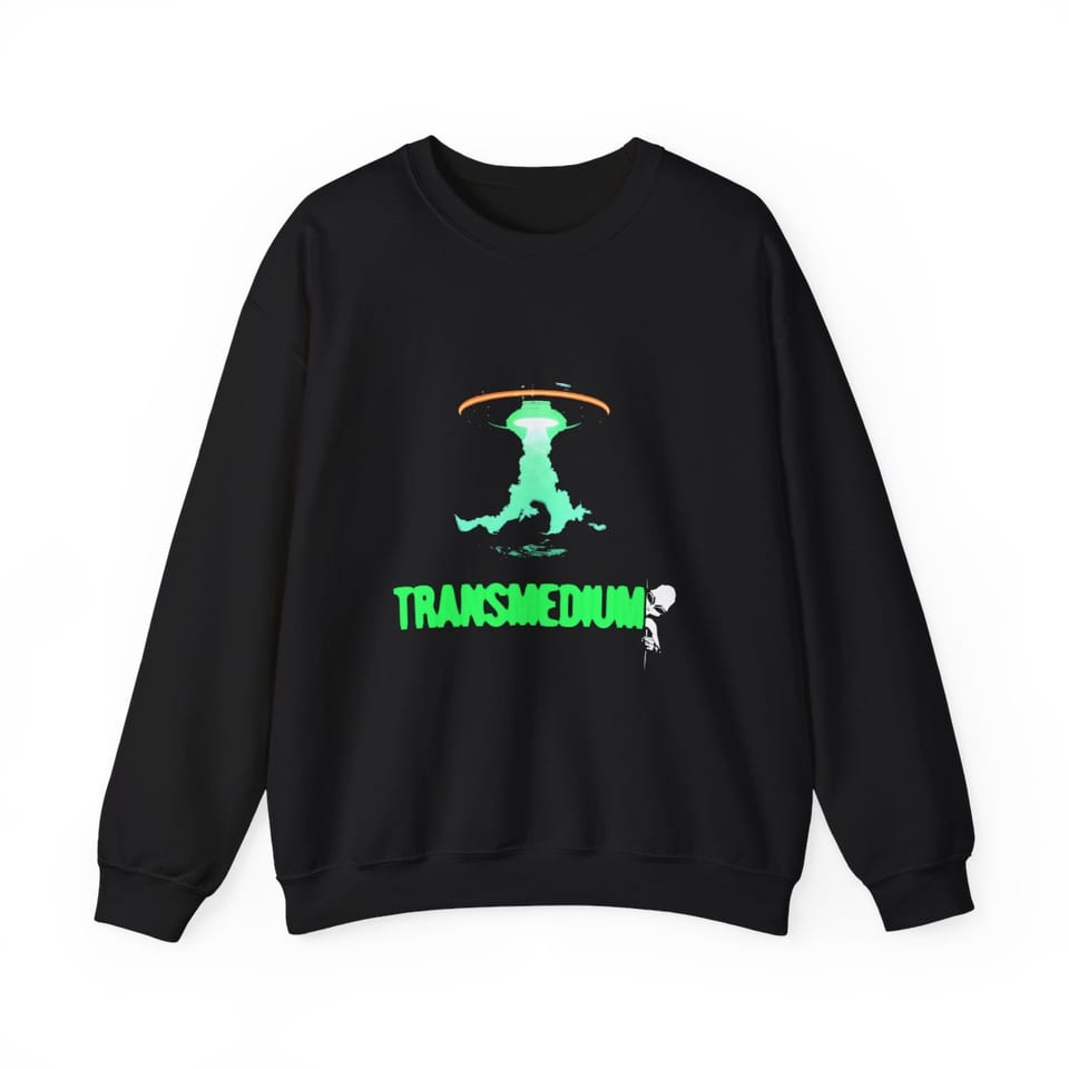 Transmedium Crewneck Sweatshirt, front view (Printify product mockup)