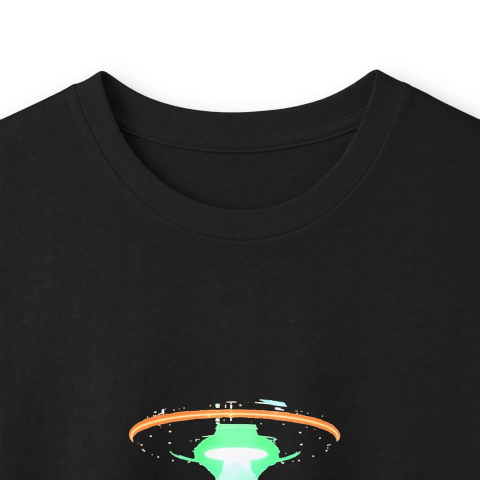 Transmedium Long Sleeve Tee, collar closeup view (Printify product mockup)