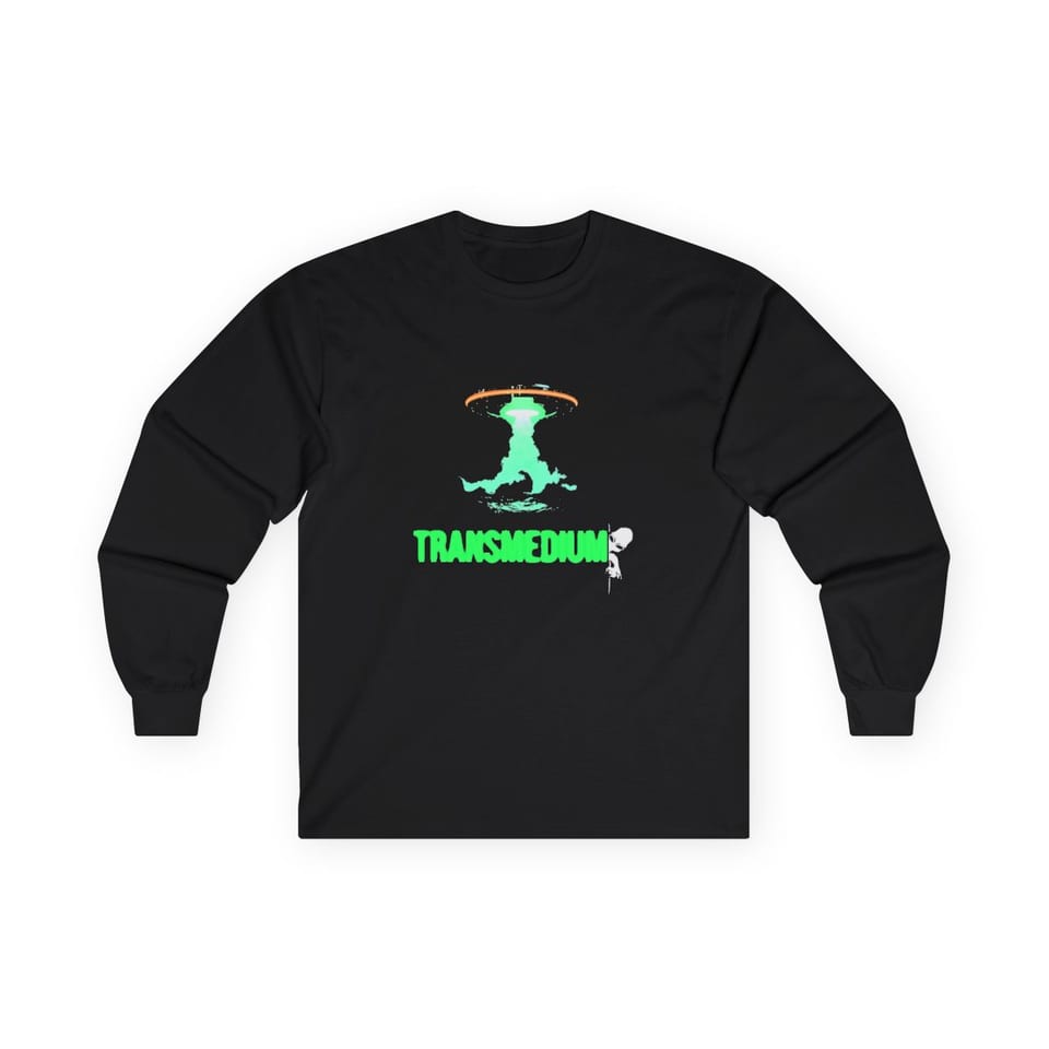 Transmedium Long Sleeve Tee, front view (Printify product mockup)