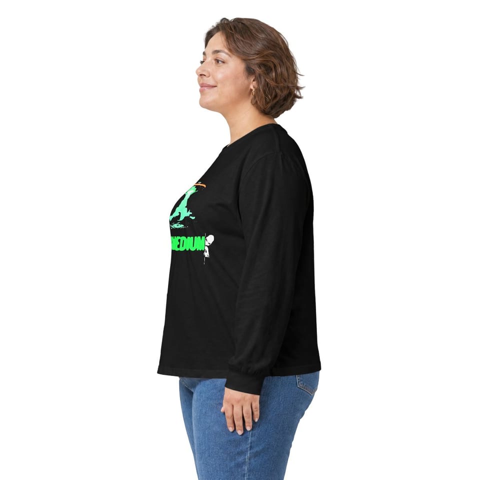 Transmedium Long Sleeve Tee, person left view (Printify product mockup)
