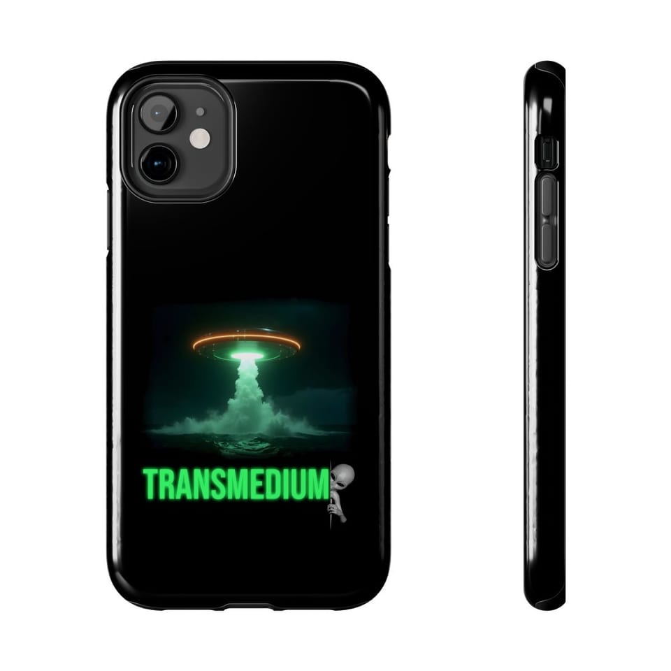 Transmedium Phone Case, front and-side view (Printify product mockup)