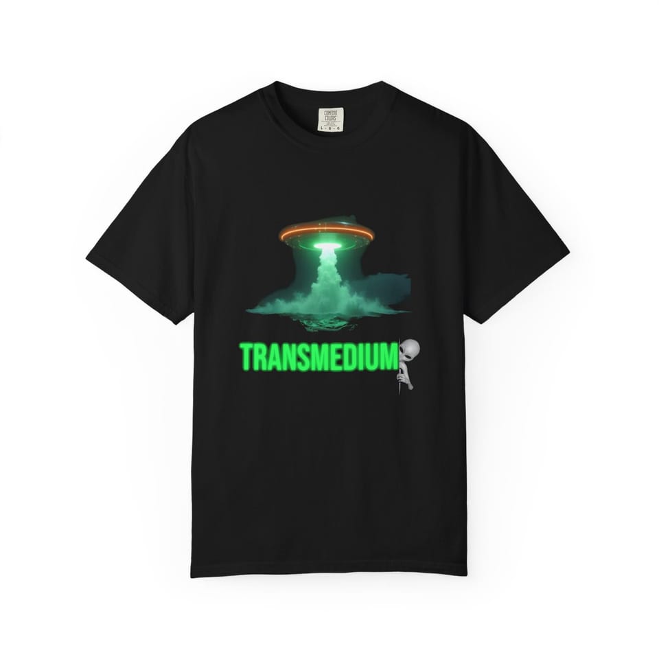 Transmedium Tee, front view (Printify product mockup)