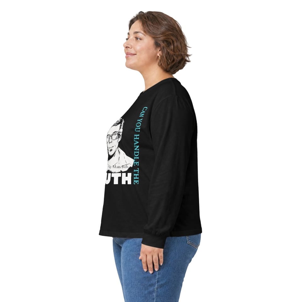 Truth Telling Bob Long Sleeve Tee, person left view (Printify product mockup)