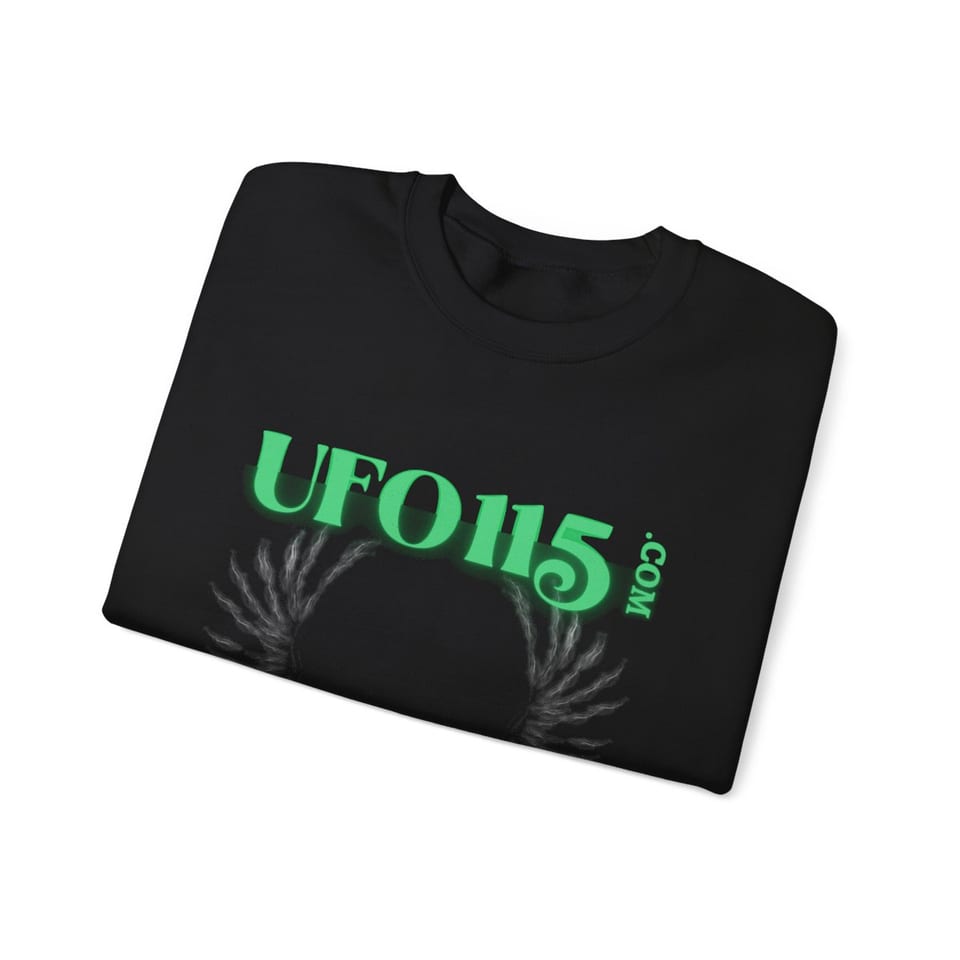 UFO115 Green Angel Crewneck Sweatshirt, folded view (Printify product mockup)