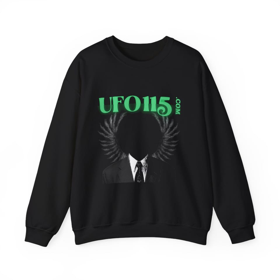 UFO115 Green Angel Crewneck Sweatshirt, front view (Printify product mockup)