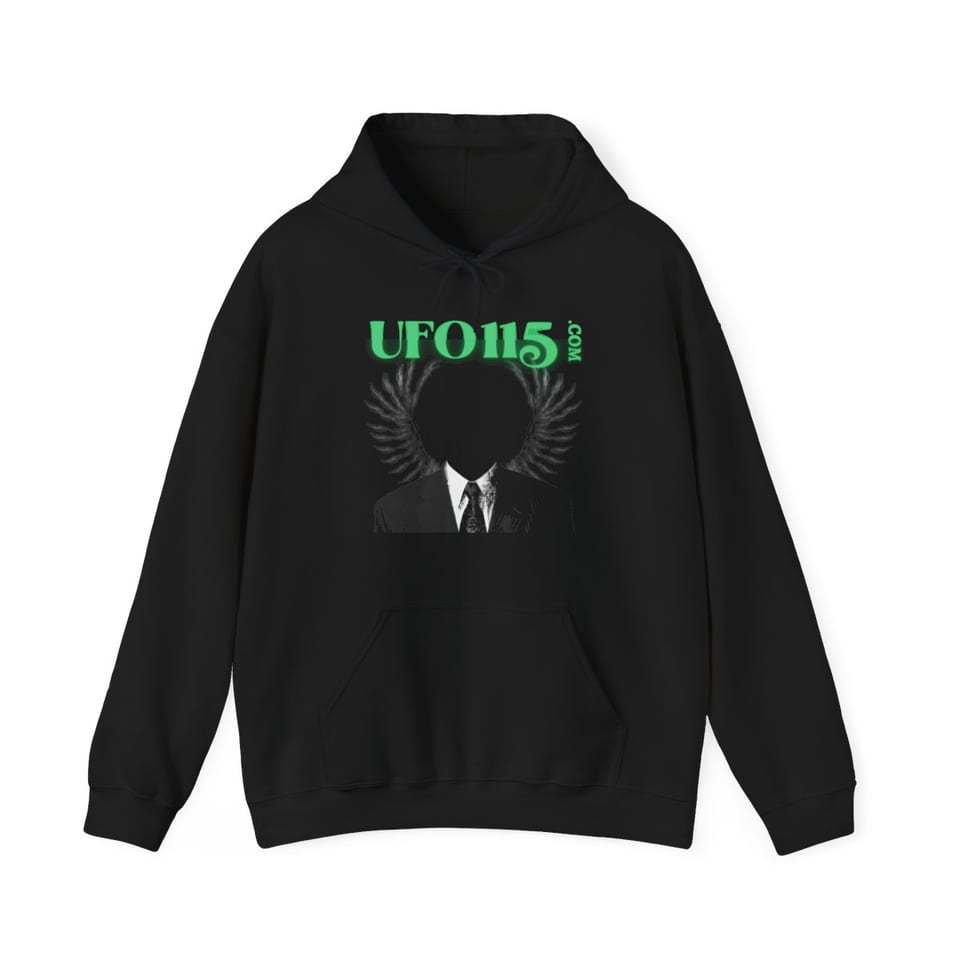 UFO115 Green Angel Hoodie, front view (Printify product mockup)