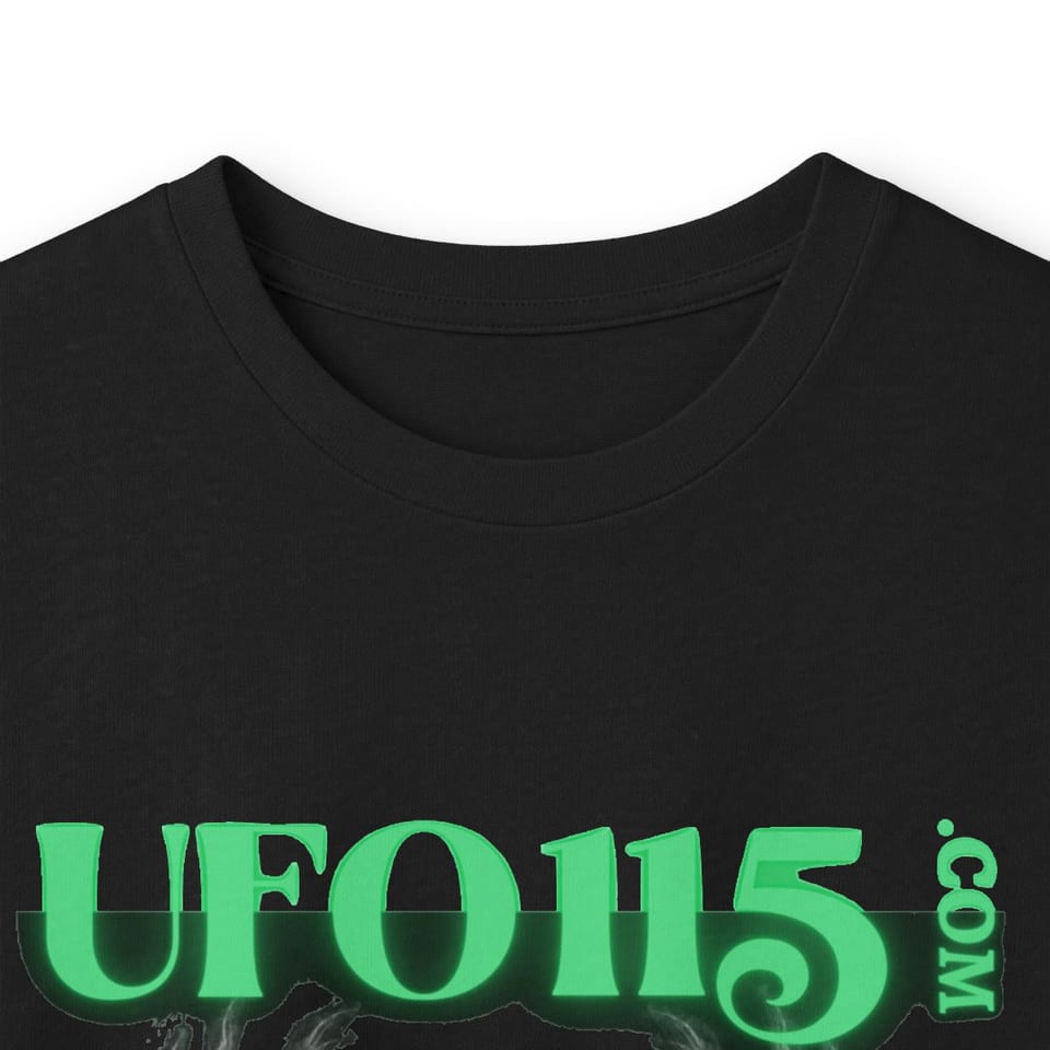 UFO115 Green Angel Long Sleeve Tee, collar closeup view (Printify product mockup)