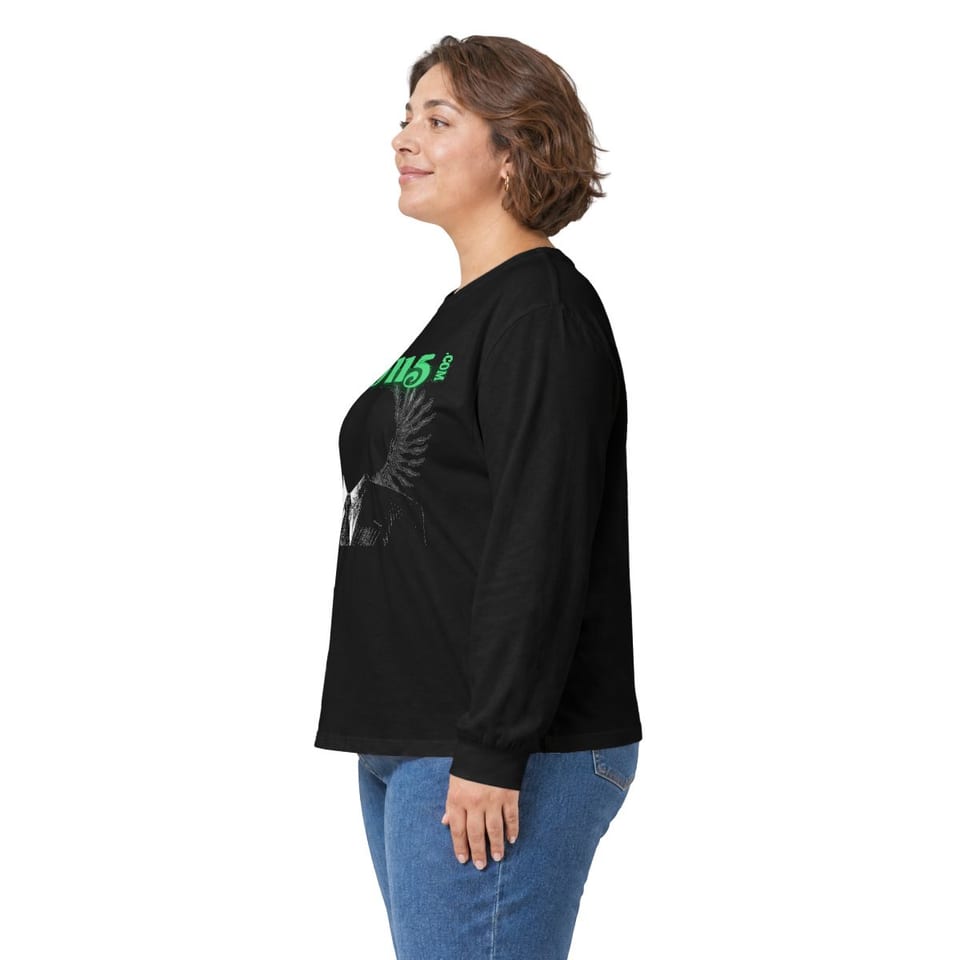 UFO115 Green Angel Long Sleeve Tee, person left view (Printify product mockup)