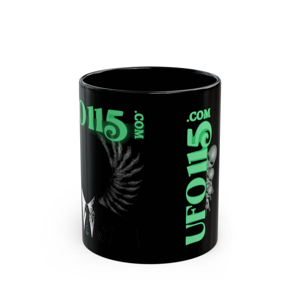 UFO115 Green Angel Mug, front view (Printify product mockup)