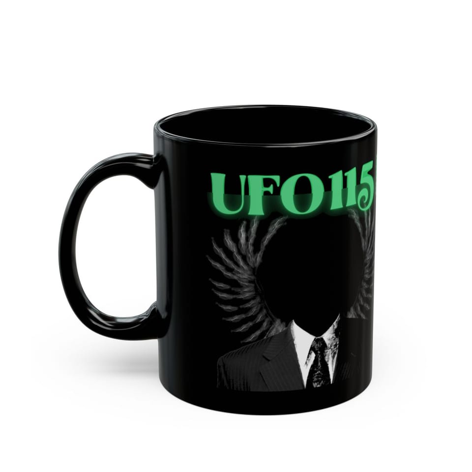 UFO115 Green Angel Mug, left view (Printify product mockup)