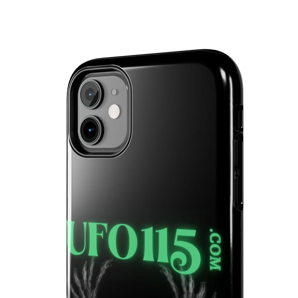 UFO115 Green Angel Phone Case, close up view (Printify product mockup)