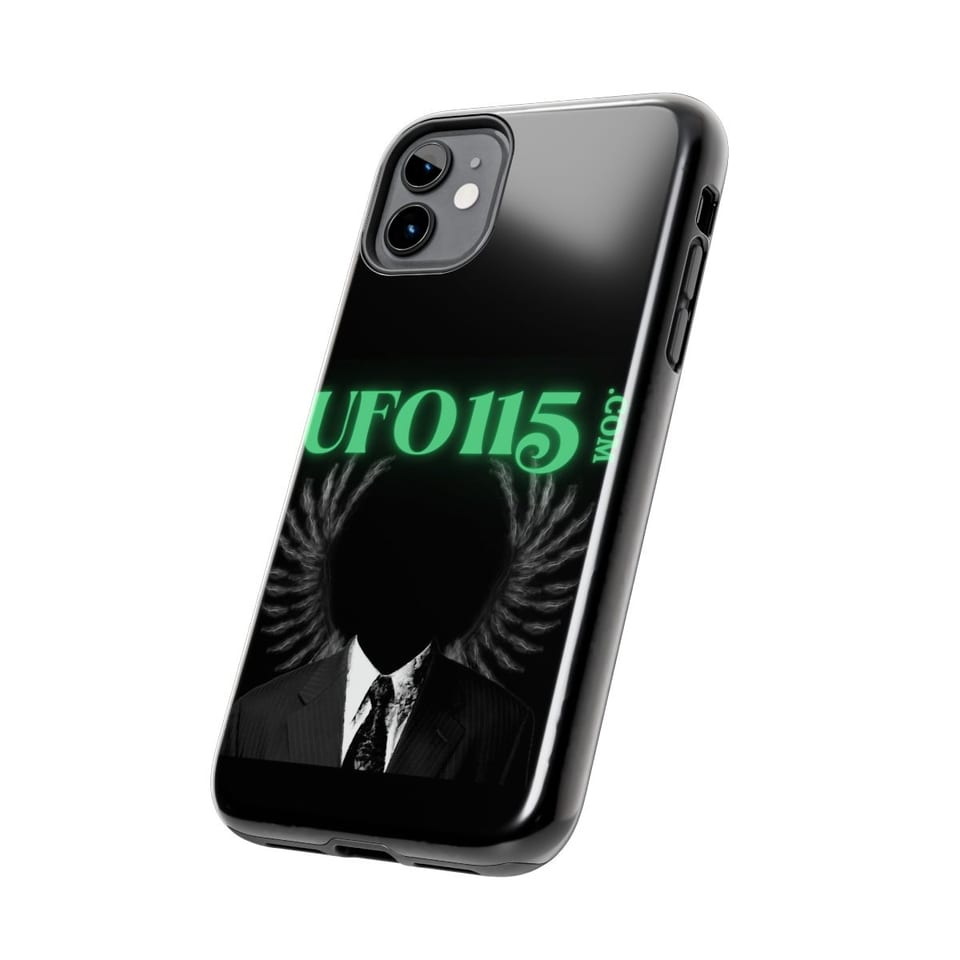 UFO115 Green Angel Phone Case, side view (Printify product mockup)