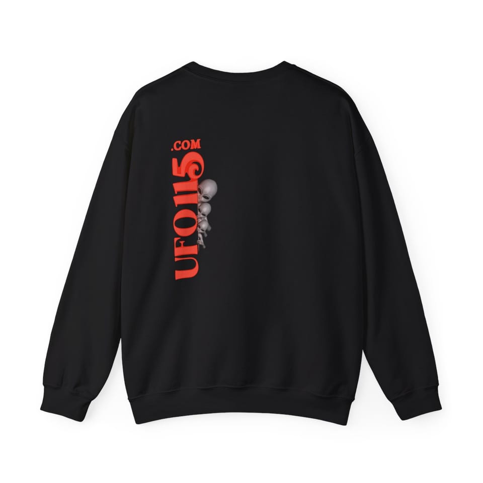 UFO115 Red Angel Crewneck Sweatshirt, back view (Printify product mockup)