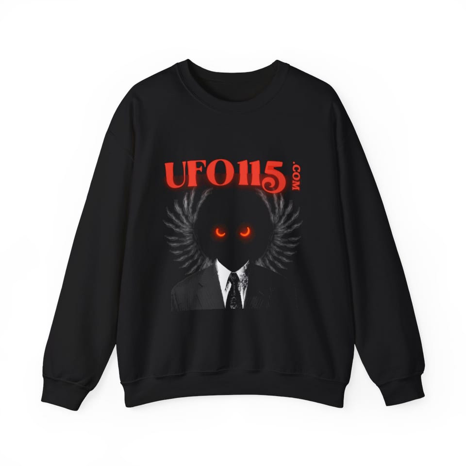 UFO115 Red Angel Crewneck Sweatshirt, front view (Printify product mockup)