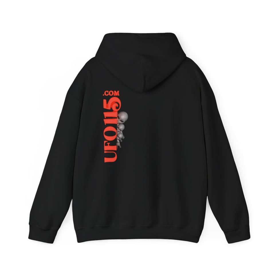 UFO115 Red Angel Hoodie, back view (Printify product mockup)