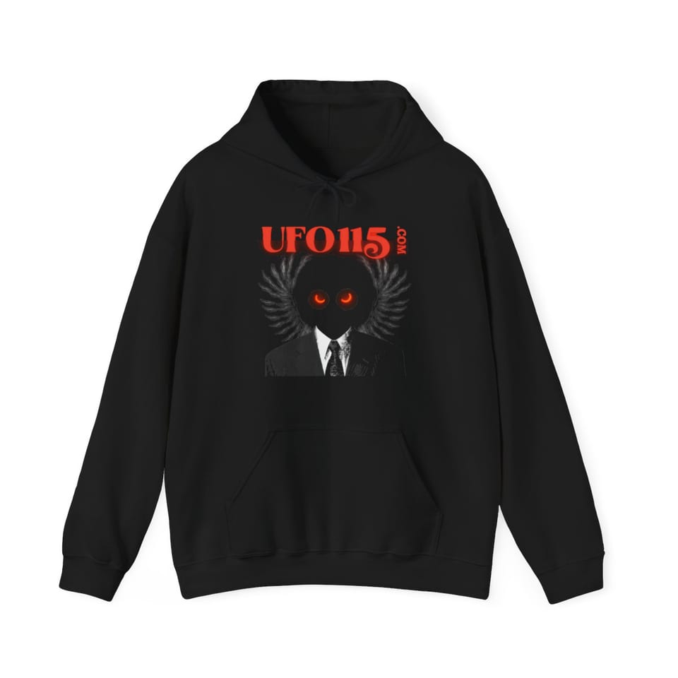 UFO115 Red Angel Hoodie, front view (Printify product mockup)
