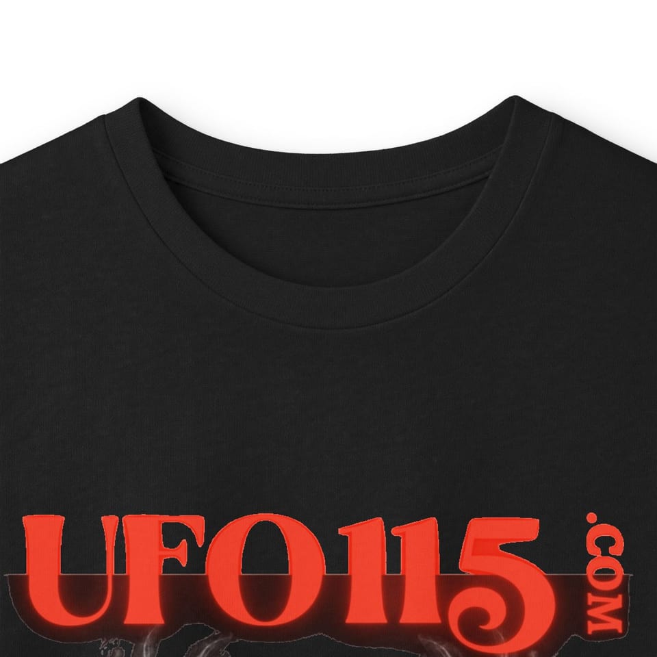 UFO115 Red Angel Long Sleeve Tee, collar closeup view (Printify product mockup)