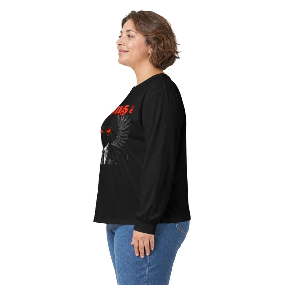 UFO115 Red Angel Long Sleeve Tee, person left view (Printify product mockup)