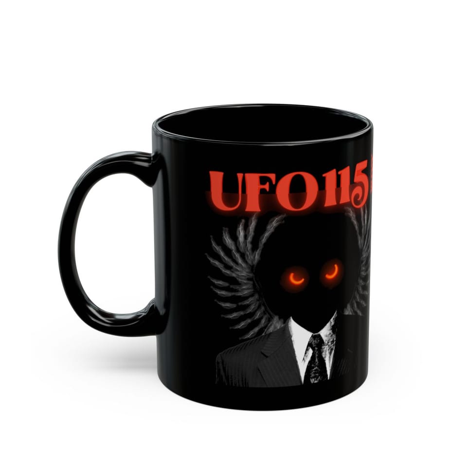 UFO115 Red Angel Mug, left view (Printify product mockup)
