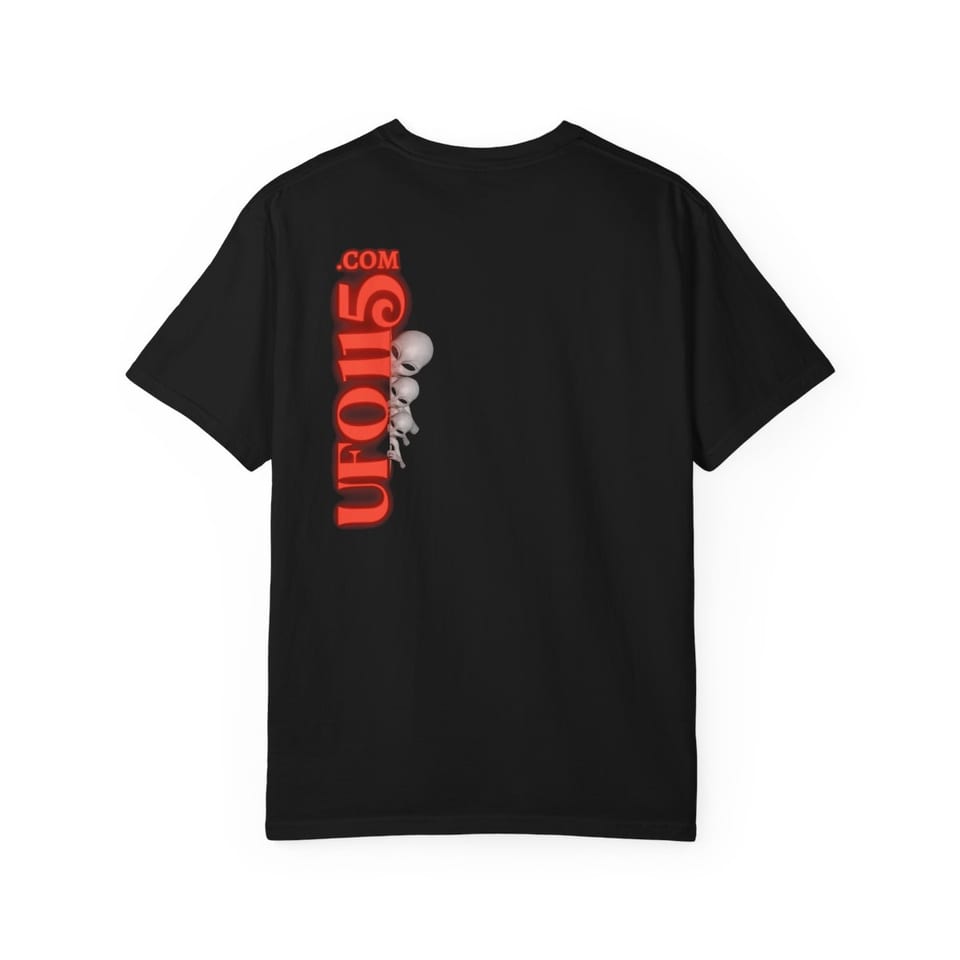 UFO115 Red Angel Tee, back view (Printify product mockup)