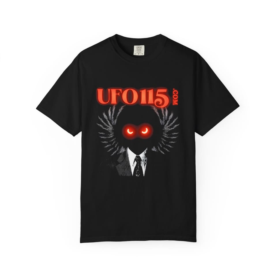 UFO115 Red Angel Tee, front view (Printify product mockup)