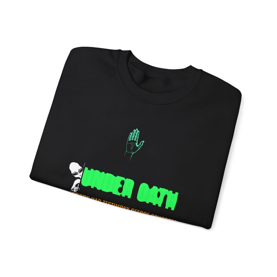 Under Oath UAP Testimony Crewneck Sweatshirt, folded view (Printify product mockup)
