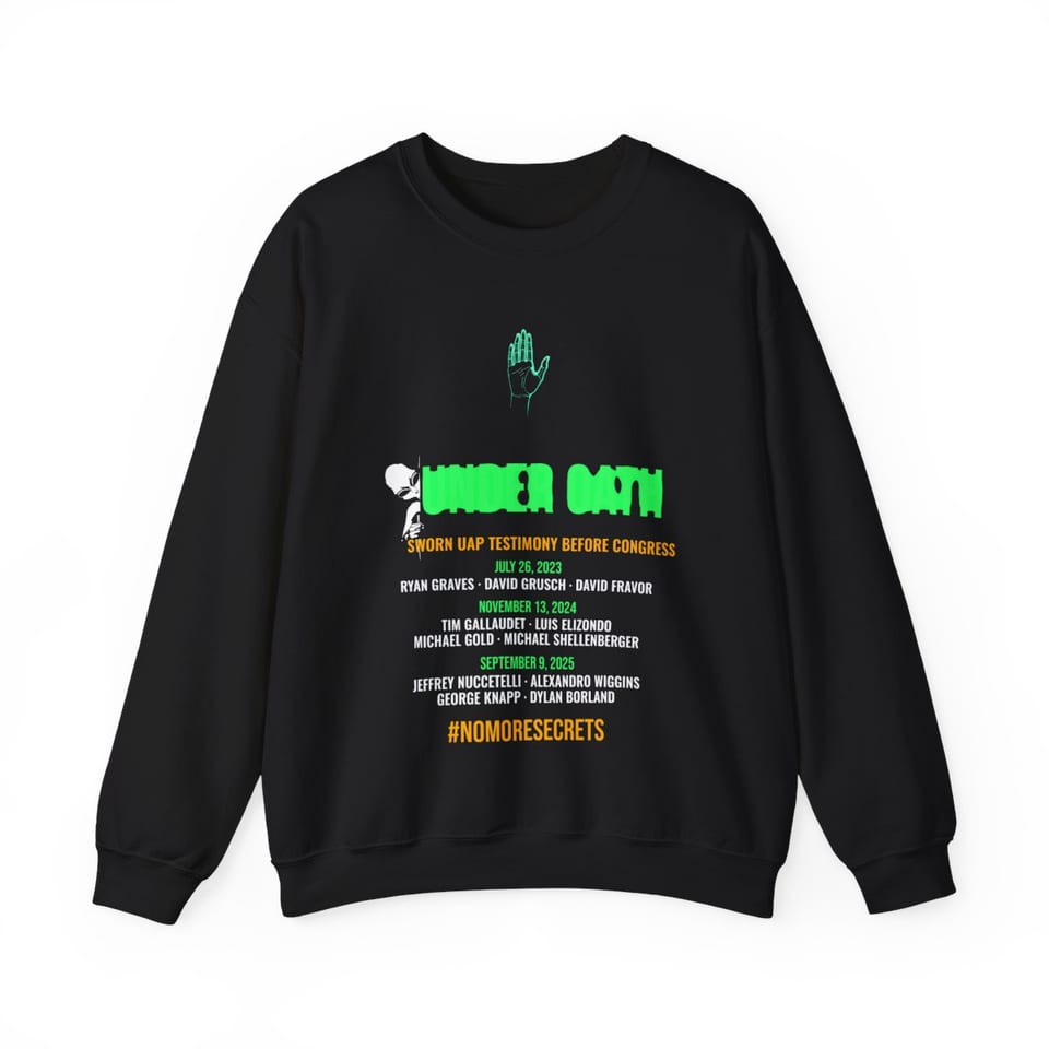 Under Oath UAP Testimony Crewneck Sweatshirt, front view (Printify product mockup)
