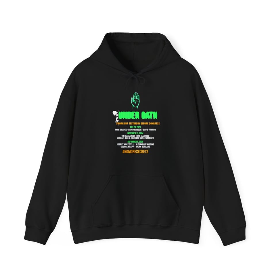 Under Oath UAP Testimony Hoodie, front view (Printify product mockup)