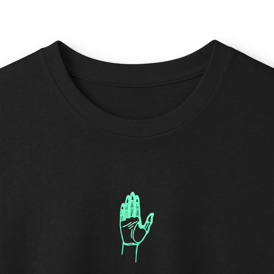 Under Oath UAP Testimony Long Sleeve Tee, collar closeup view (Printify product mockup)