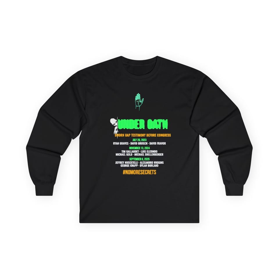 Under Oath UAP Testimony Long Sleeve Tee, front view (Printify product mockup)