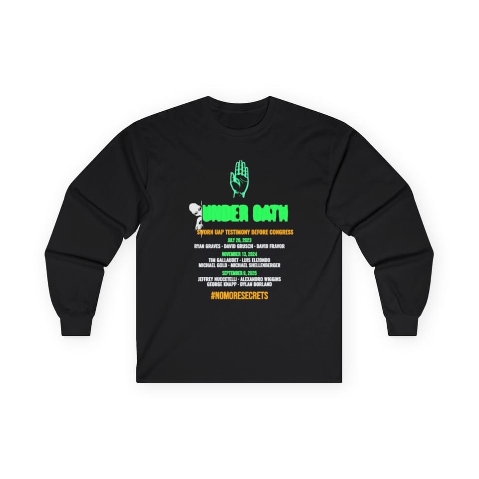 Under Oath UAP Testimony Long Sleeve Tee, front view (Printify product mockup)