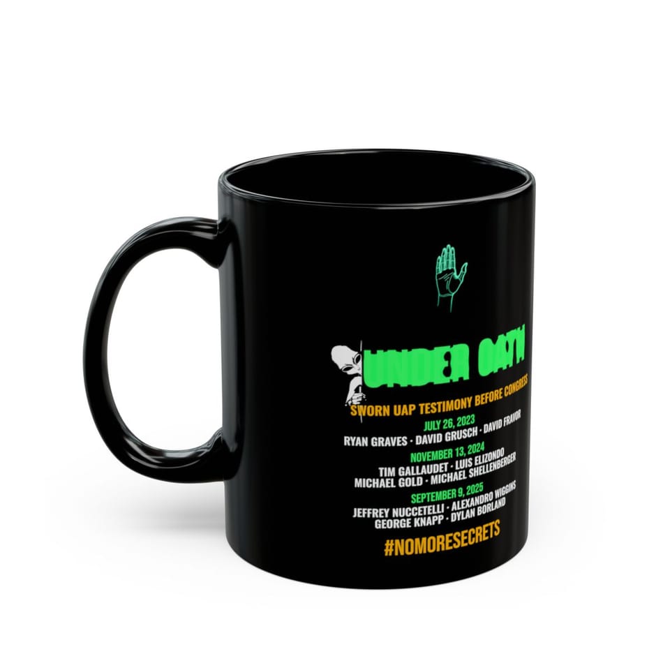 Under Oath UAP Testimony Mug, left view (Printify product mockup)