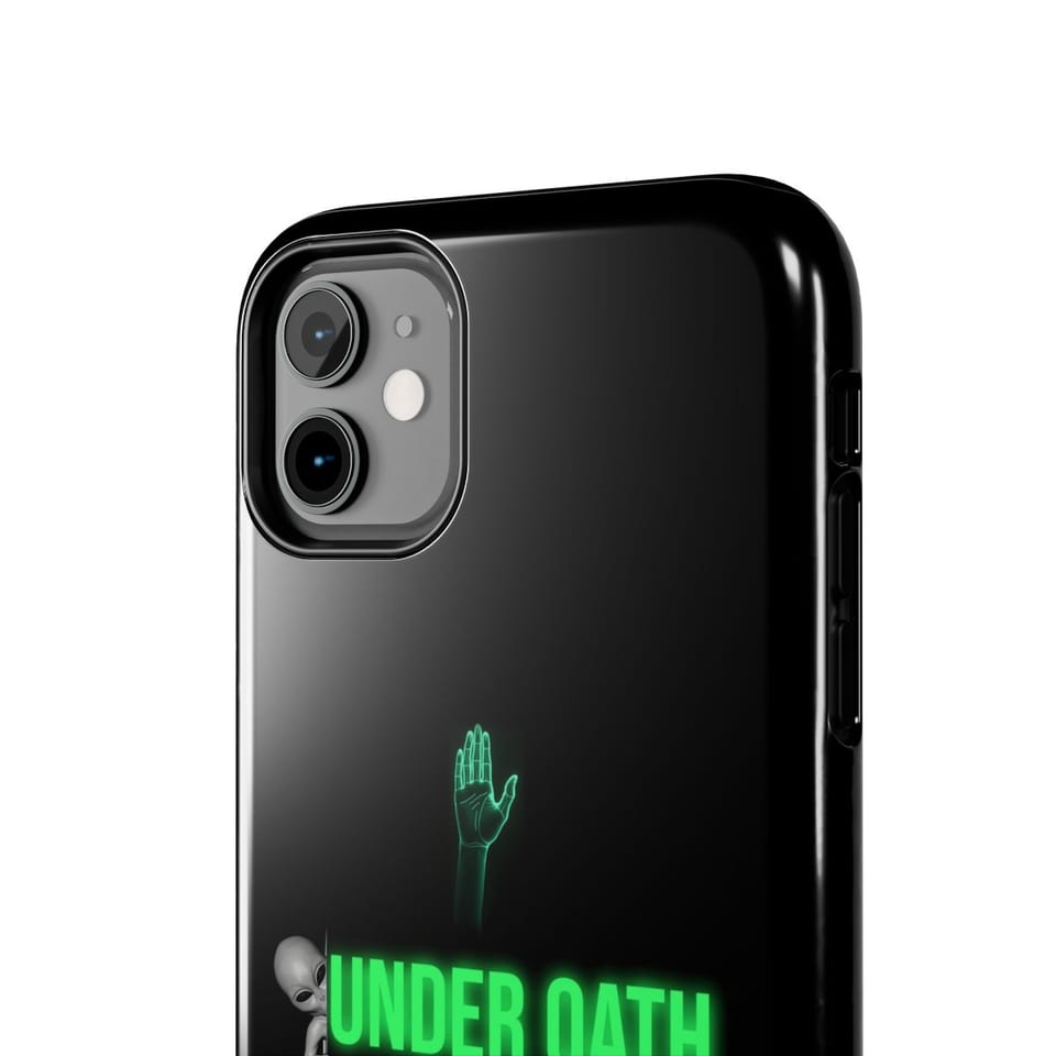 Under Oath UAP Testimony Phone Case, close up view (Printify product mockup)
