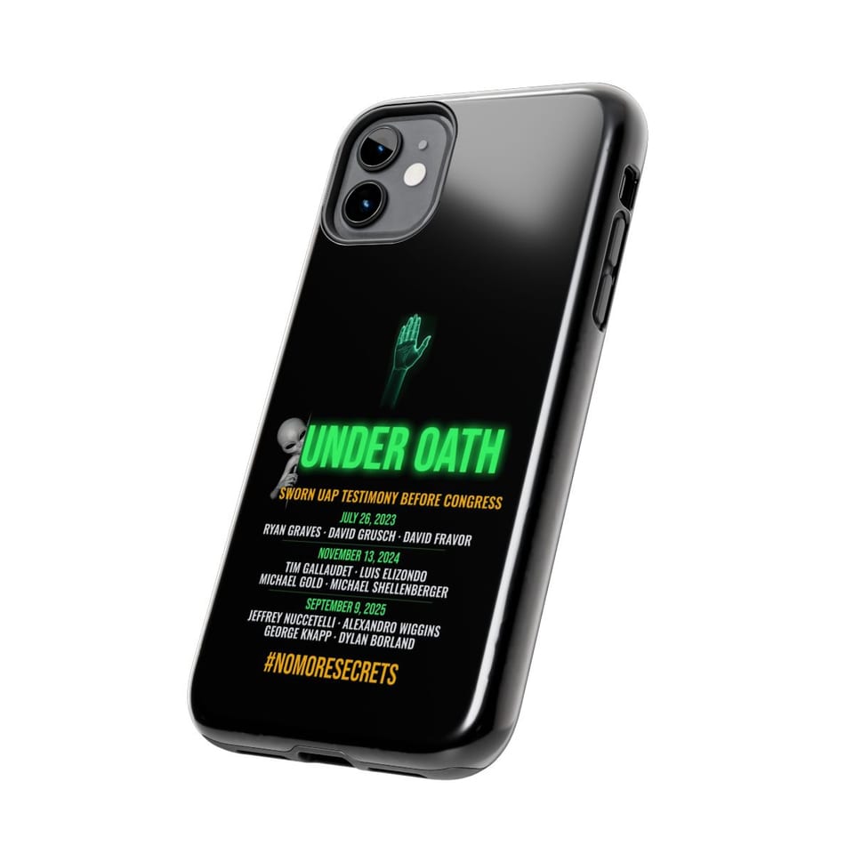 Under Oath UAP Testimony Phone Case, side view (Printify product mockup)