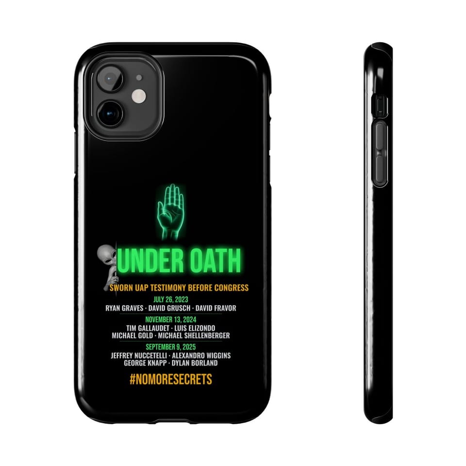 Under Oath UAP Testimony Phone Case, front and-side view (Printify product mockup)