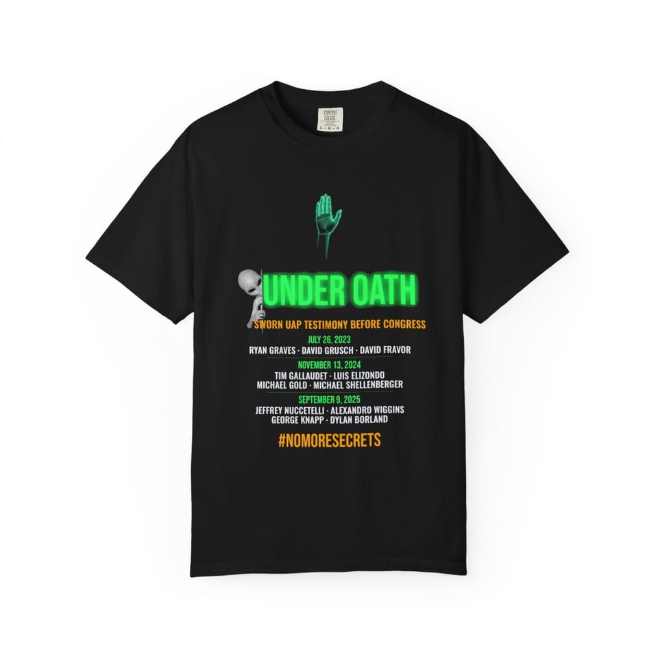 Under Oath UAP Testimony Tee, front view (Printify product mockup)
