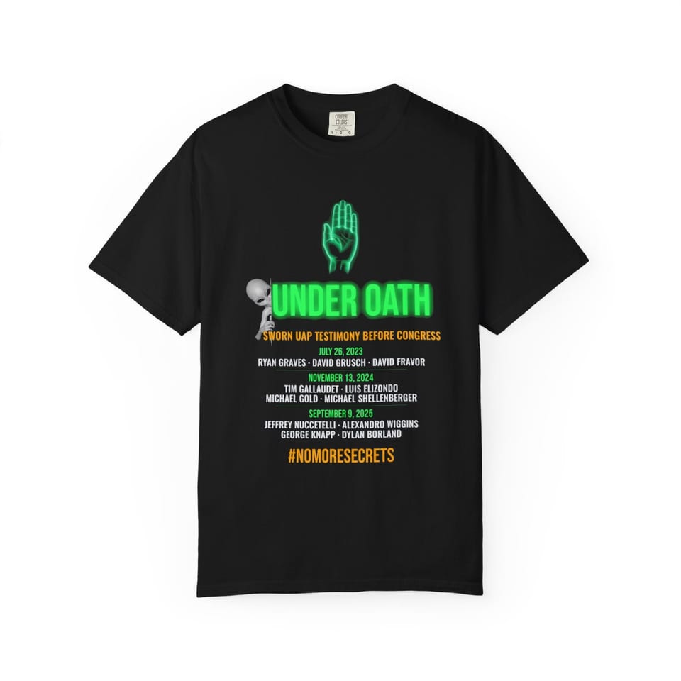 Under Oath UAP Testimony Tee, front view (Printify product mockup)
